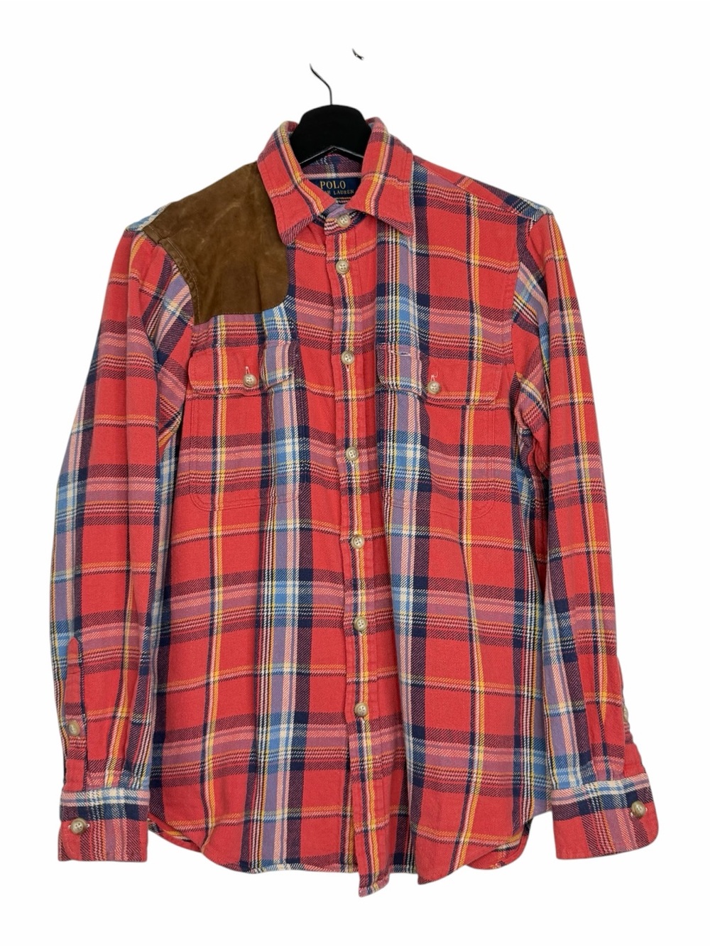 Polo Ralph Lauren Plaid Flannel Button Up Shooting Shirt Red Blue Suede Patch M